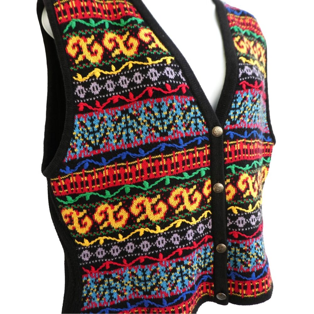 Vintage 80s Lizwear Sweater Vest Embroidered Knit Novelty Silver Buttons Hippie - Picture 3 of 9